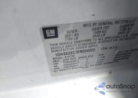 2015 Chevrolet Tahoe Commercial Fleet z USA, uszkodzony, nr VIN 1GNSK2EC7FR654829